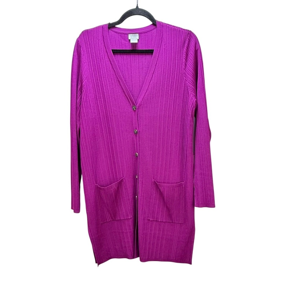 Chico's‎ Ribbed Longline Cardigan Size 1 M Purple Magenta Button Front Pockets
